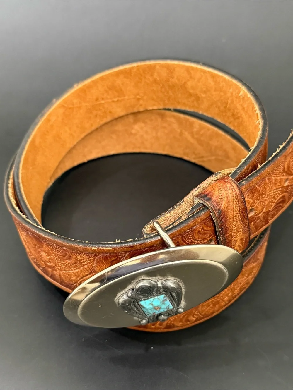 STEERHIDE Grain Bridle Brown Tooled Leather Silver Faux Turquoise Buckle Belt 36
